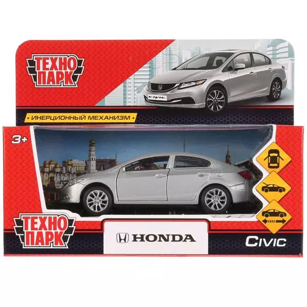 Моделька HONDA CIVIC серебристый, металл, 12 см, двери, багаж, инерц, Технопарк 272308