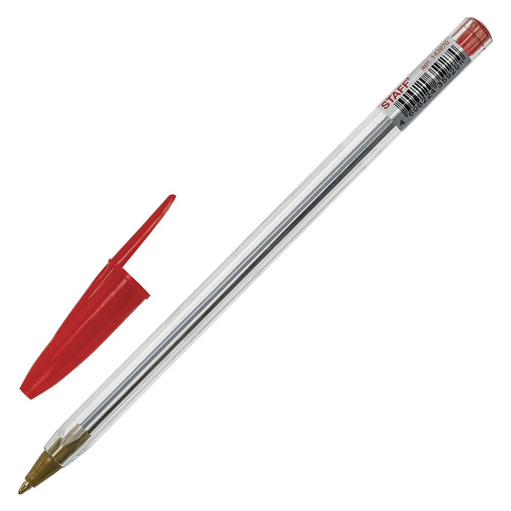 Ручка шариковая STAFF Basic BP-04, красная, линия письма 0,5мм, с штрихкодом, 143870