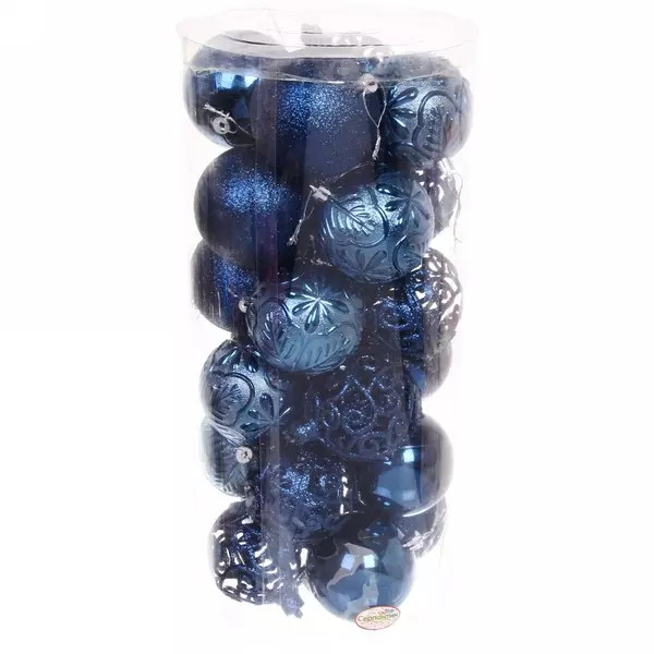Новогодние шары 8 см (набор 24 шт) Фактурный микс, сапфир