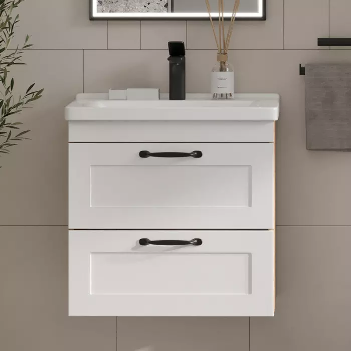 Подвесная тумба с раковиной 60 см EQUIL Lago/Лаго T6 белый/дерево + рак. Миранда 60, tpLAGO60.2Y-04