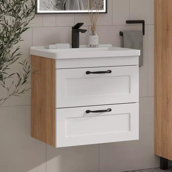 Подвесная тумба с раковиной 60 см EQUIL Lago/Лаго T6 белый/дерево + рак. Миранда 60, tpLAGO60.2Y-04