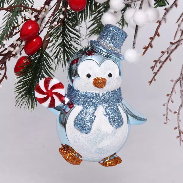 Елочная игрушка Пингвин с леденцом 10*6*11 см, голубой 916-0815