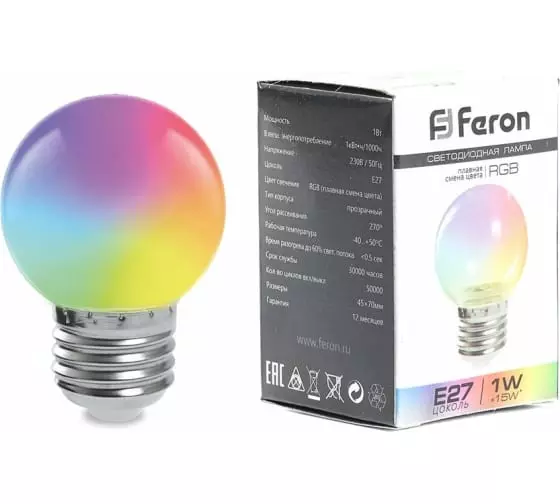 Лампа светодиодная Feron 38127 Е27 230В 3Вт шар матовый RGB быстрая смена цвета