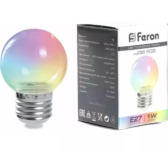 Лампа светодиодная Feron 38130 Е27 230В 3Вт шар прозрачный RGB быстрая смена цвета