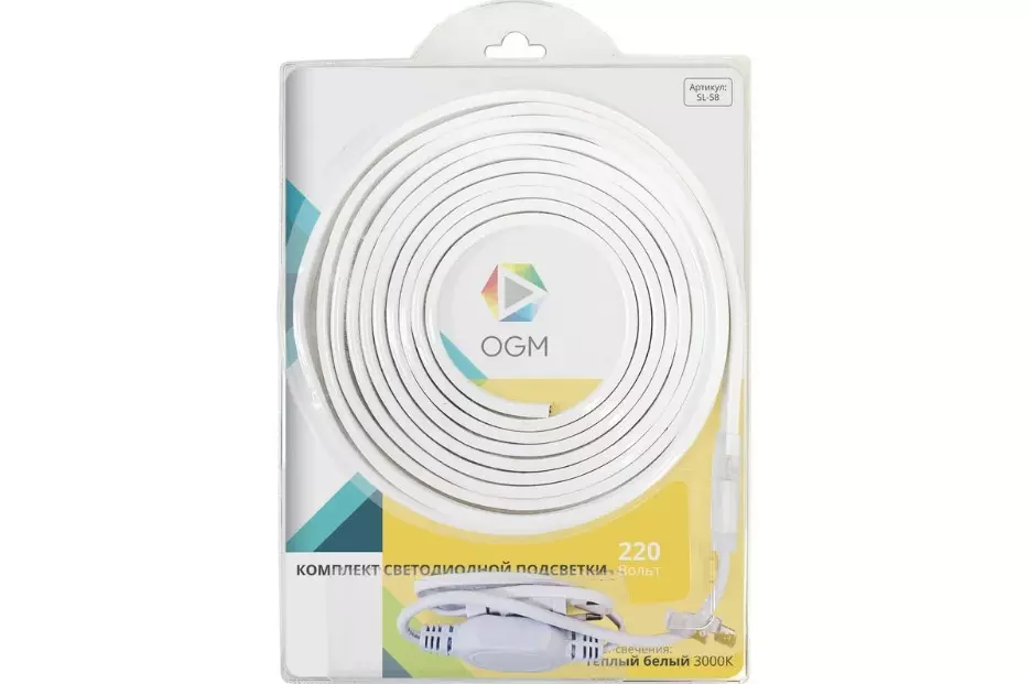Светодиодная лента 220В 6Вт/м 600Лм/м 3000К 5м 10мм SMD2835 60шт/м IP65 OGM SL-58