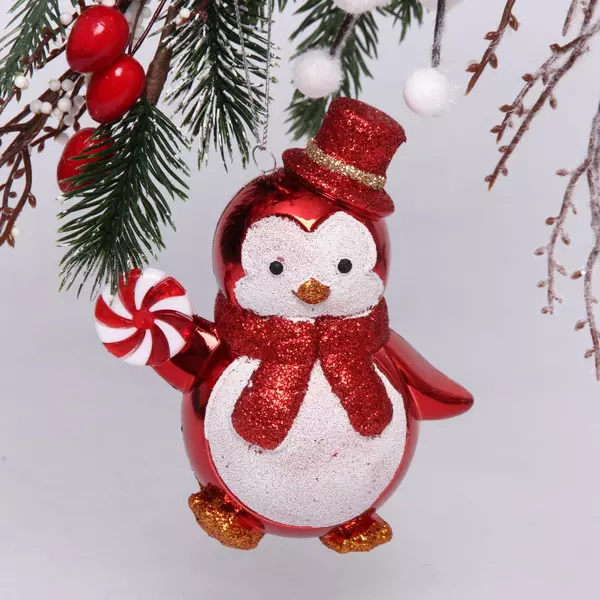 Елочная игрушка Пингвин с леденцом 10*6*11 см, красный 916-0813