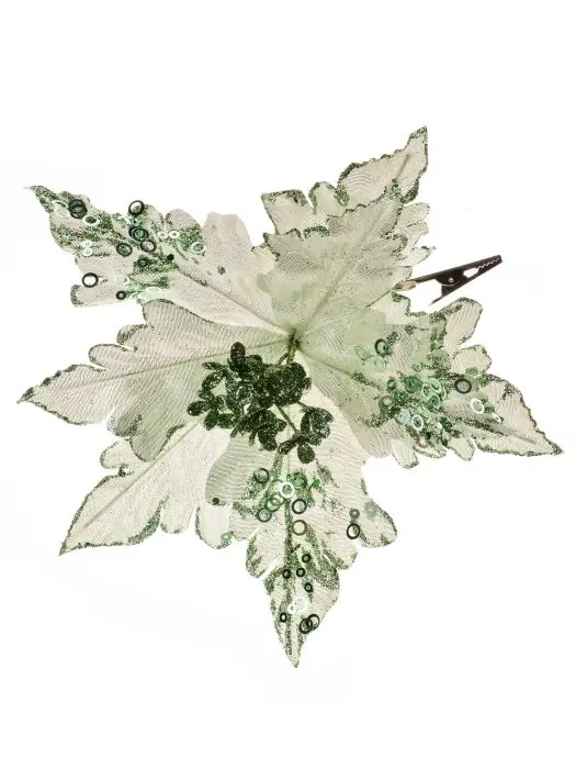 Елочное украшение зеленый цветок на клипсе / 25x25x15см 88702