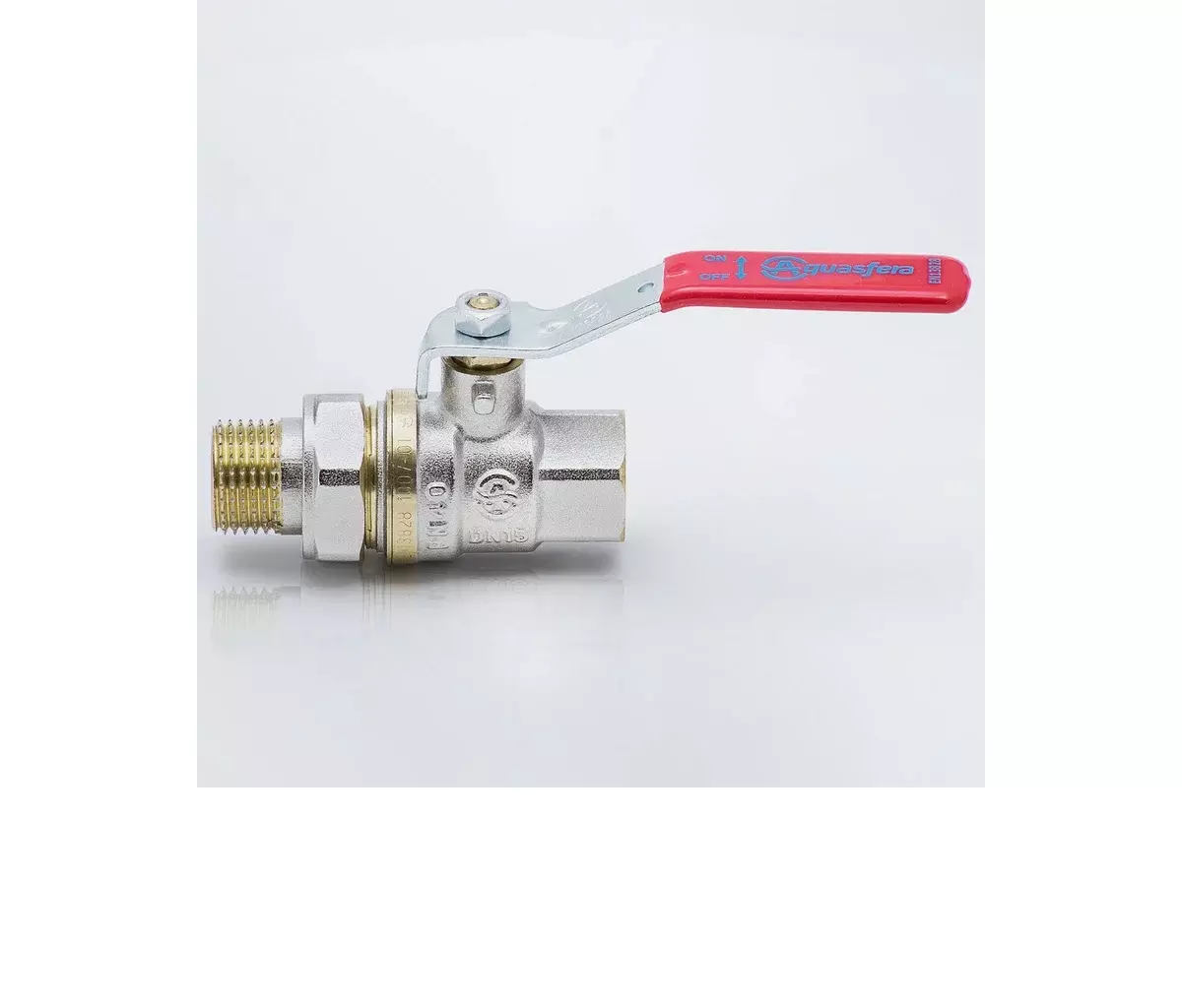 Кран шаровой полнопроходной 3/4" ВР/американка, никель, рычаг красный, Aquasfera 1006-02