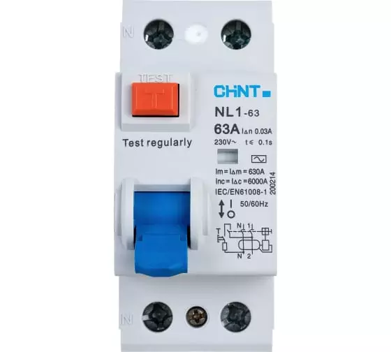 Выключатель дифференциального тока CHINT (УЗО) 2п 63А 30мА тип AC 6кА NL1-63 200215