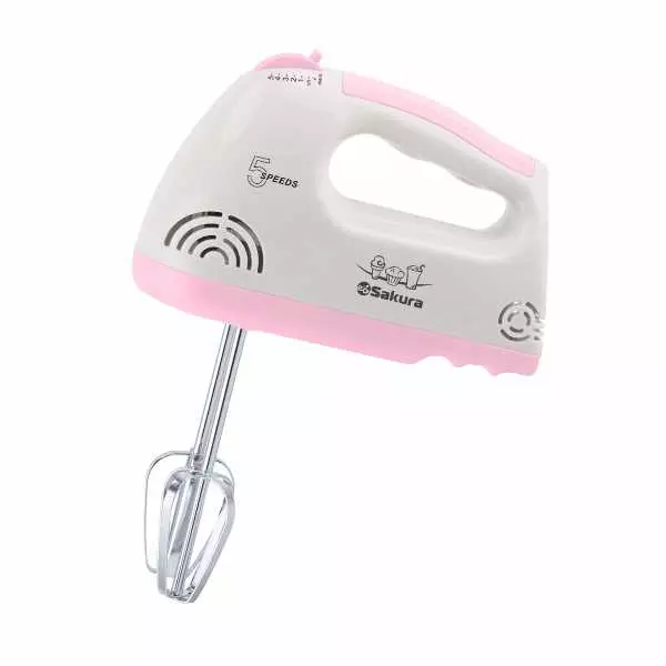 Миксер ручной, 150 Вт, 5 скоростей, 2 насадки, белый/розовый, SAKURA, SA-6313P