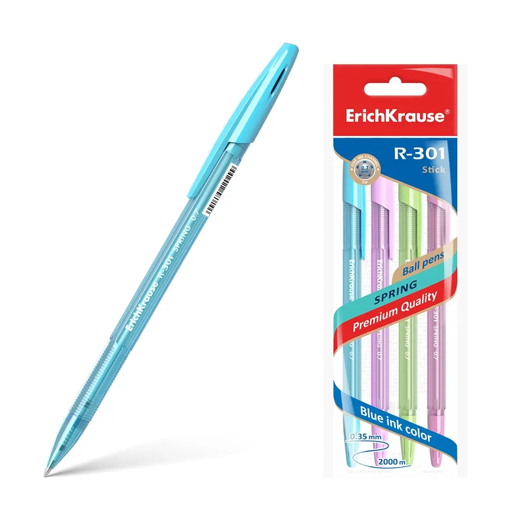 Шариковые ручки 4 шт., ErichKrause R-301, КОРП. ассорти, синий 