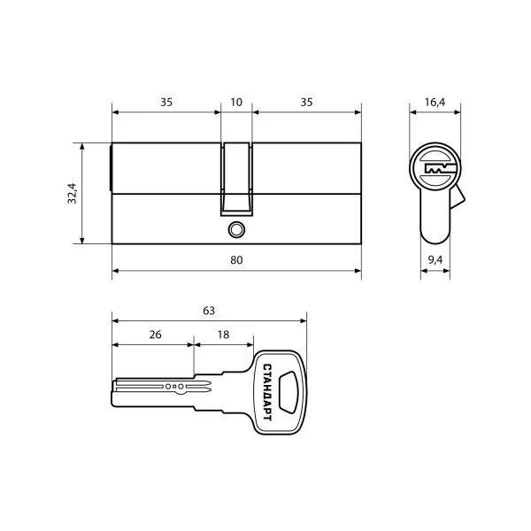 Цилиндровый механизм Стандарт 80 мм (35х10х35) SN мат.никель 5кл перф.ключ/ключ