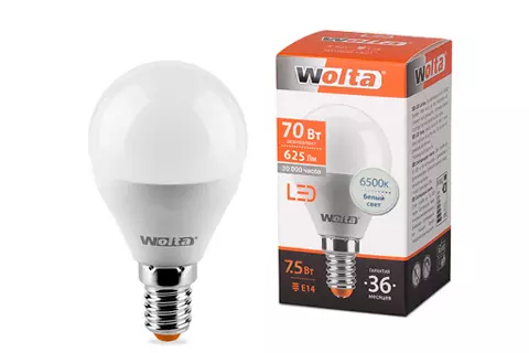 Лампа светодиодная Wolta Е14 230В 7.5Вт 6500К шар холодный