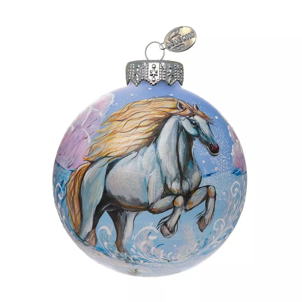 Елочный шар стекло Конь белоснежный 10 см (Символ года) Коломеев КУ-100-254028/п
