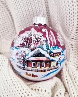 Елочный шар стекло Крестьянские домики 8 см Коломеев КУ-80-234129