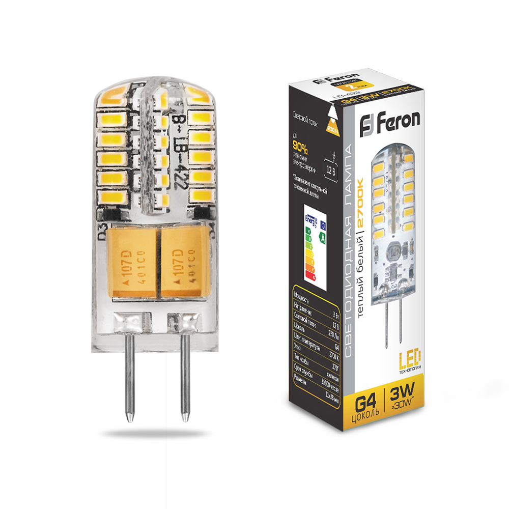Лампа светодиодная Feron G4 12В 3Вт 2700К теплый