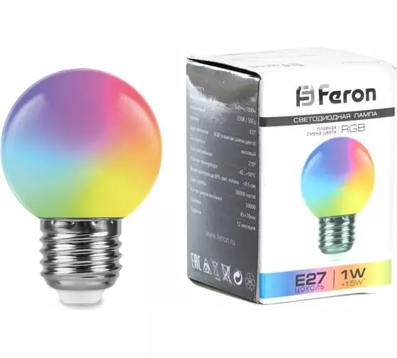 Лампа светодиодная Feron 38116 Е27 230В 1Вт шар матовый RGB плавная сменая цвета