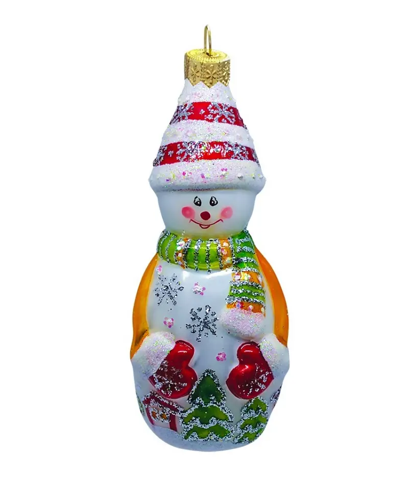 Елочная игрушка Снеговик с варежками, стекло, в подарочной упаковке, h-14 см, ФУ-591