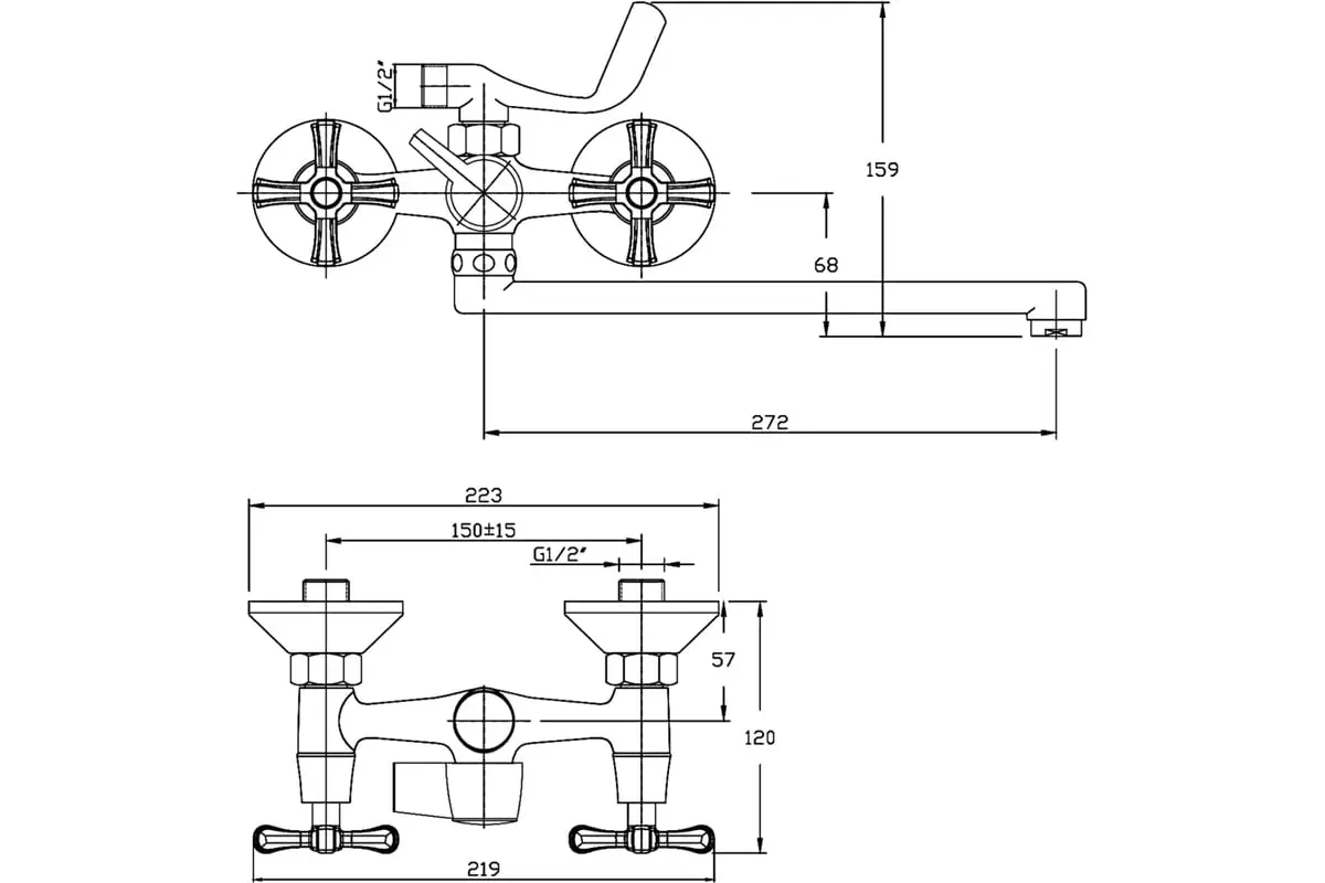 Двухвентильный смеситель для ванны, длинный излив 27 см, хром, RUSH Bianki BI7650-51, латунь