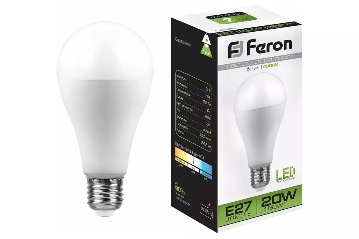 Светодиодная лампа Е27 220В 20Вт 4000К груша нейтральный свет FERON 25788