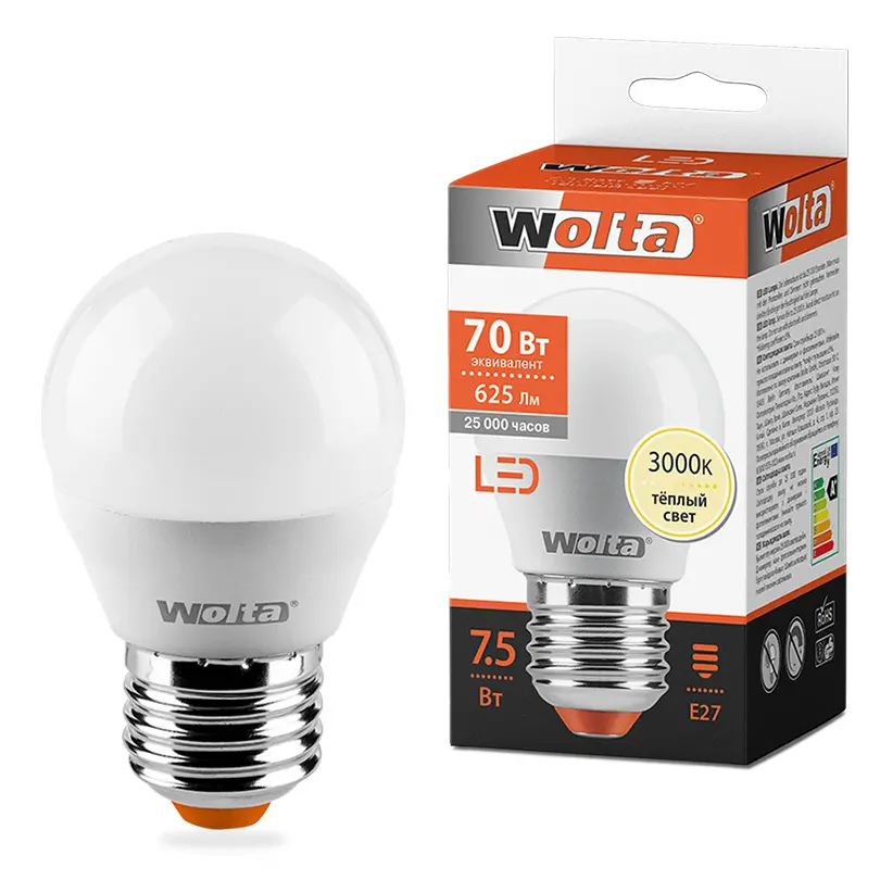 Лампа светодиодная Wolta Е27 230В 7,5Вт шар холодный