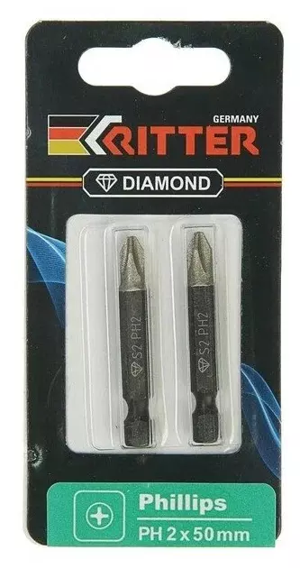 Биты PH2х50мм Ritter Diamond магнитная алмазное покрытие, сталь S 2шт