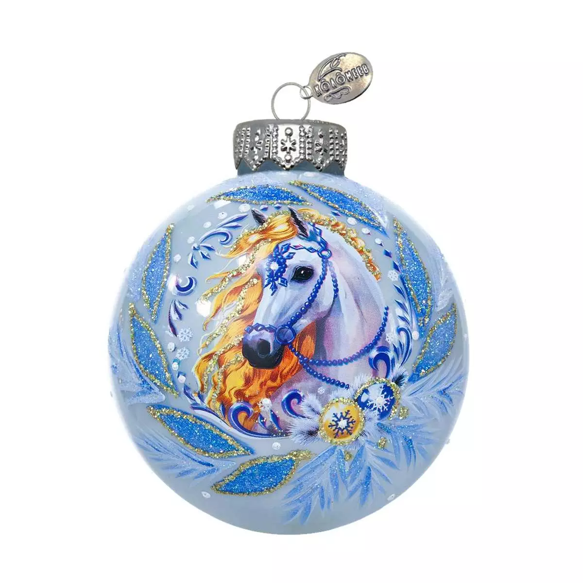 Елочный шар стекло Лошадка красивая 10 см (Символ года) Коломеев КУ-100-254037