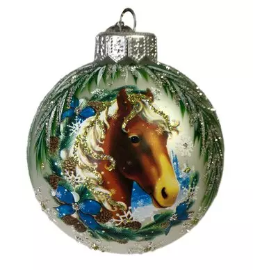 Елочный шар стекло Лошадка снежная 8 см (Символ года) Коломеев КУ-80-254011