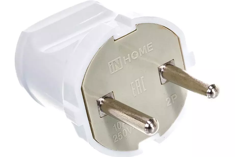 Вилка прямая без заземления 10А белая IN HOME 4690612000572