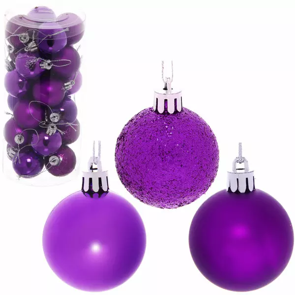 Новогодние шары 4 см (набор 24 шт) Микс фактур, фиолетовый 201-0630