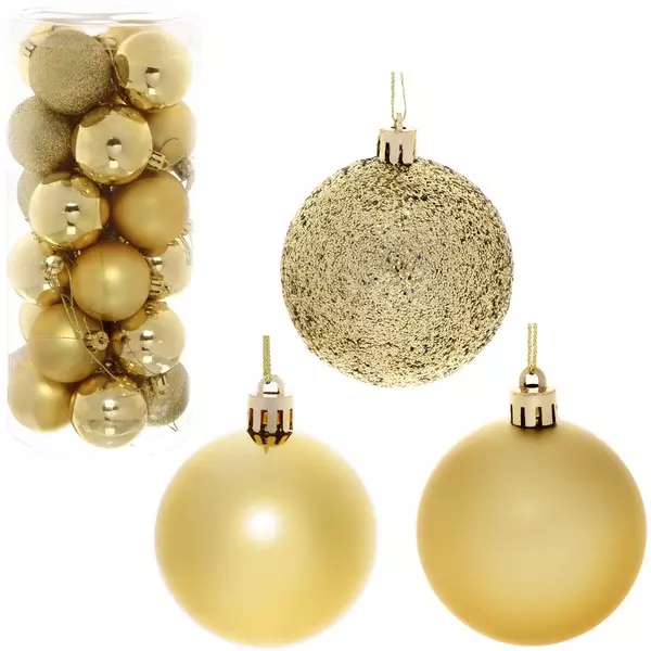 Новогодние шары 6 см (набор 24 шт) Микс фактур, золото 201-0644