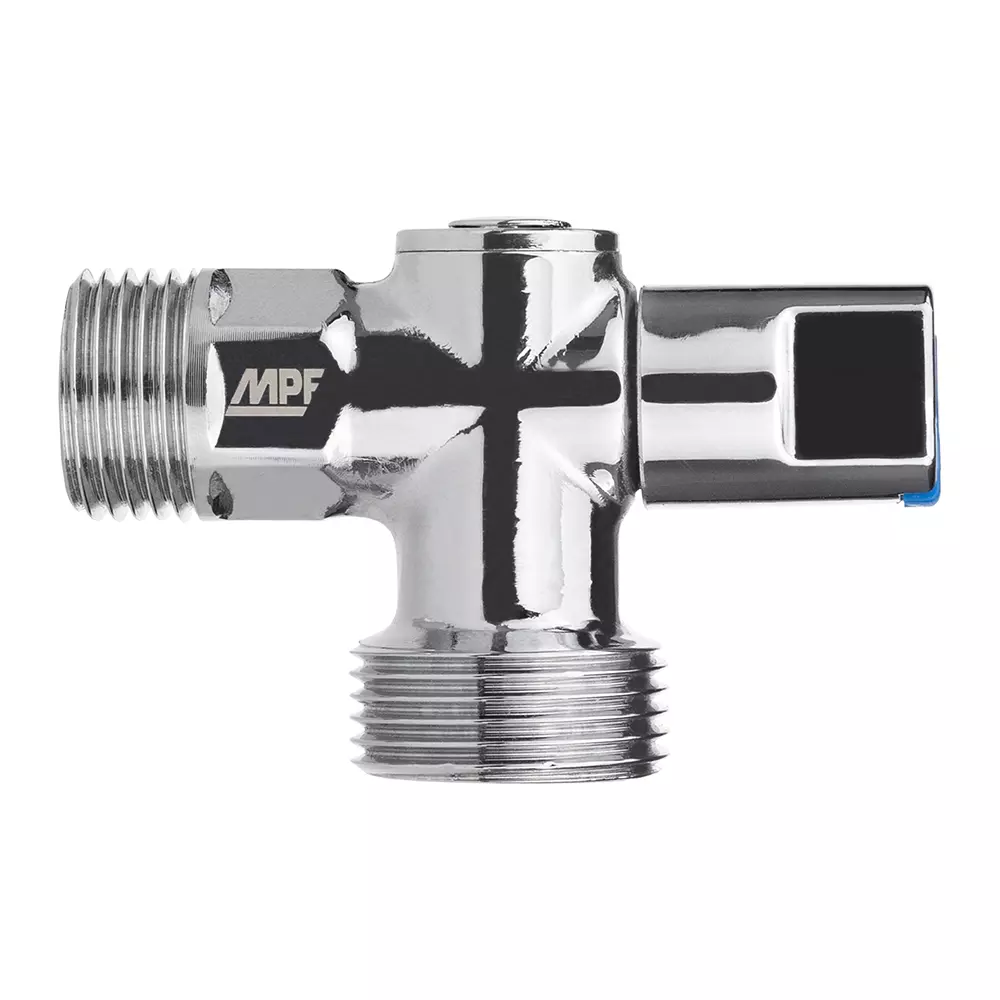 Кран шаровой угловой для бытовой техники 1/2&quot; х 3/4&quot; НР, (ручка сбоку) ХРОМ-POLISH.латунь,ГОСТ, MPF