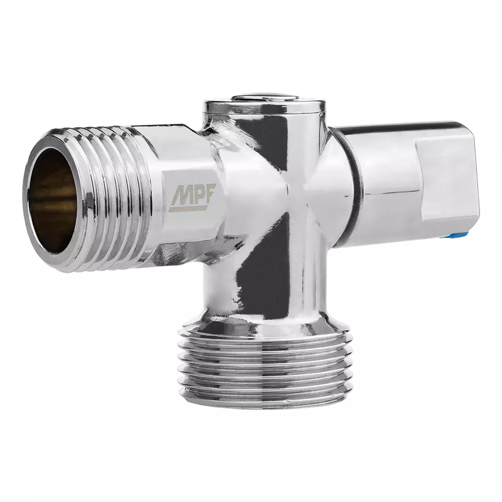 Кран шаровой угловой для бытовой техники 1/2&quot; х 3/4&quot; НР, (ручка сбоку) ХРОМ-POLISH.латунь,ГОСТ, MPF