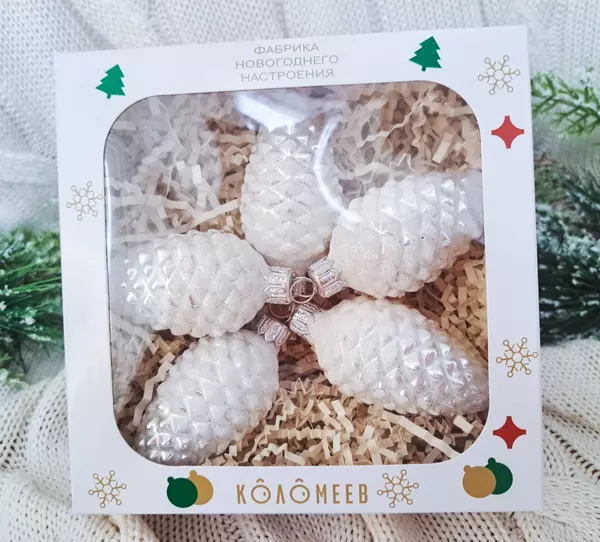 Елочные игрушки стекло (набор 5 штук) Шишки-12 белые Коломеев НФ-2321