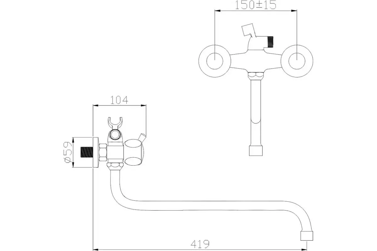 Двухвентильный смеситель для ванны, длинный излив 30 см, хром, АНТЕЙ Луна 227336-ANT, цинк. сплав