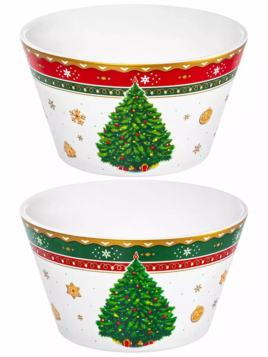 Набор салатников 2 шт 600 мл, 13х13х7,5 см &quot;Новогодняя елка&quot; зеленый + красный узор, Фарфор