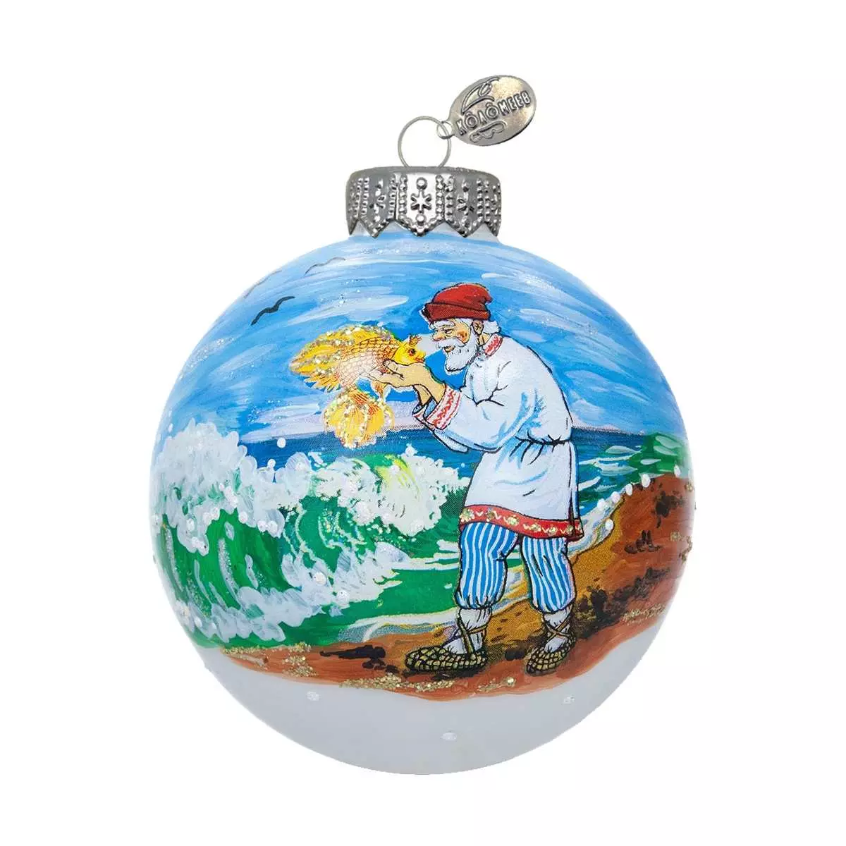 Елочный шар стекло Старик с золотой рыбкой 8 см Коломеев КУ-80-244054