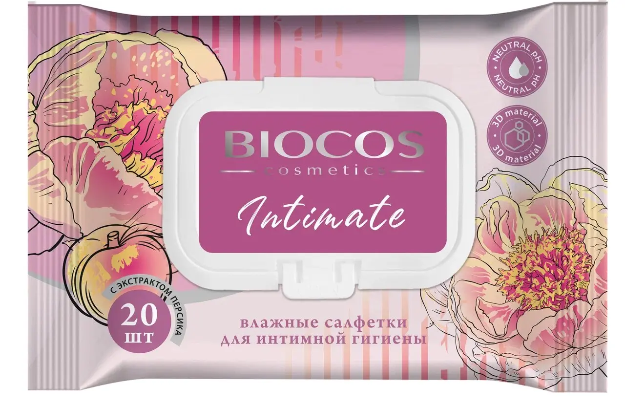 Влажные салфетки BioCos для интимной гигиены 20 шт. с клапаном