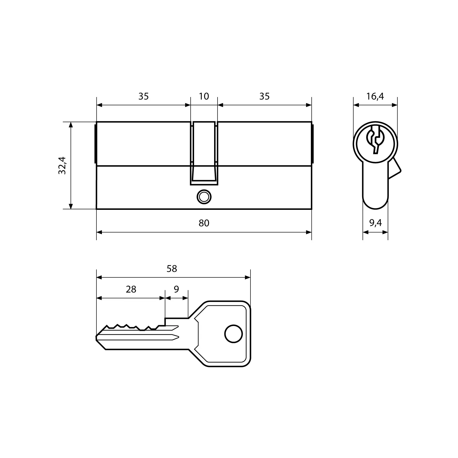 Цилиндровый механизм Стандарт 80 мм (35Bx10x35) BP зол.латунь 5кл англ.ключ/ключ. .