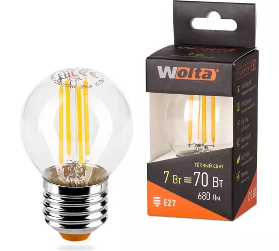 Лампа светодиодная Wolta Filament E27 7Вт 3000K шар теплый