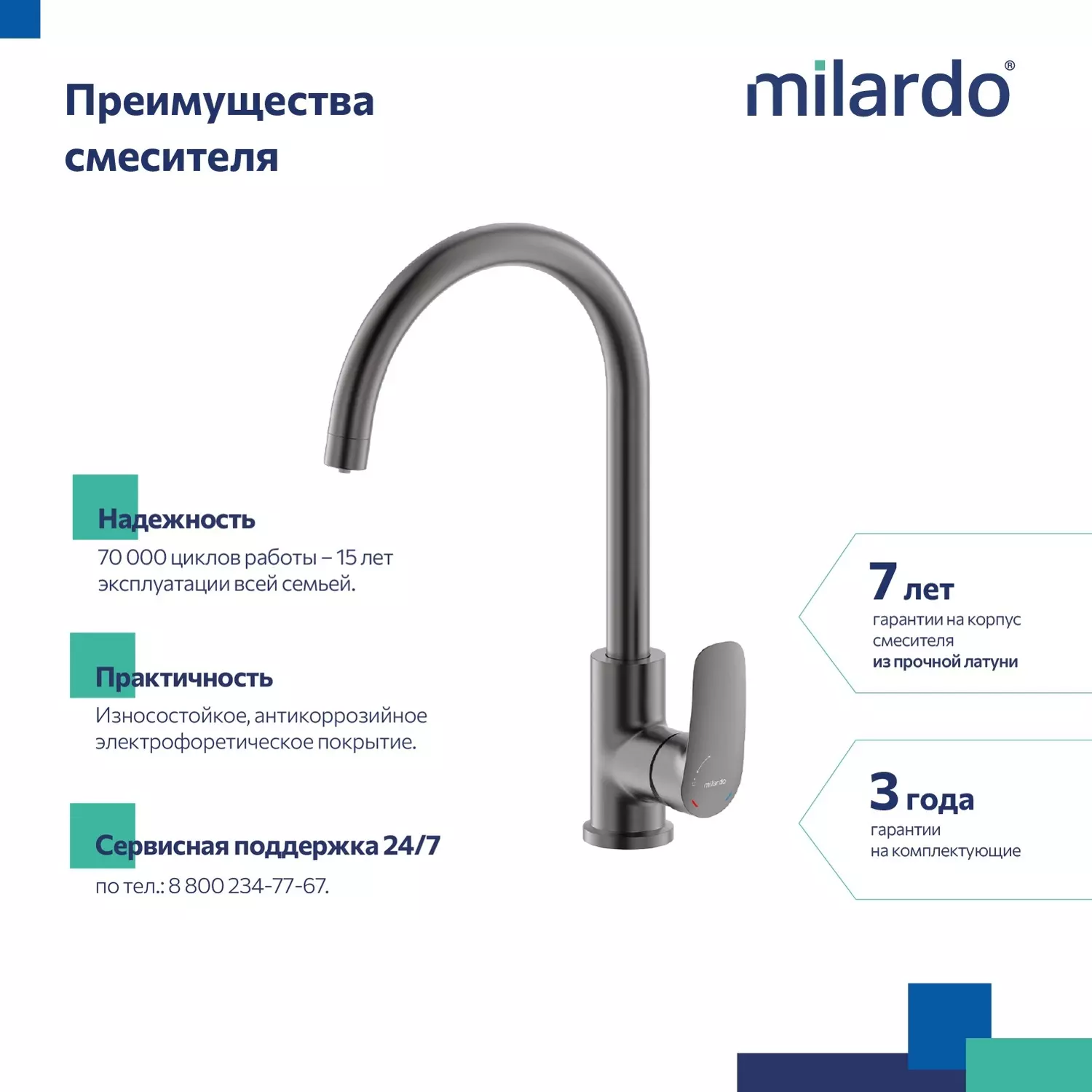 Смеситель для кухни с фильтром, высокий R-излив, матовый графит Milardo Рора (Rora) RORGMFJM05 латунь