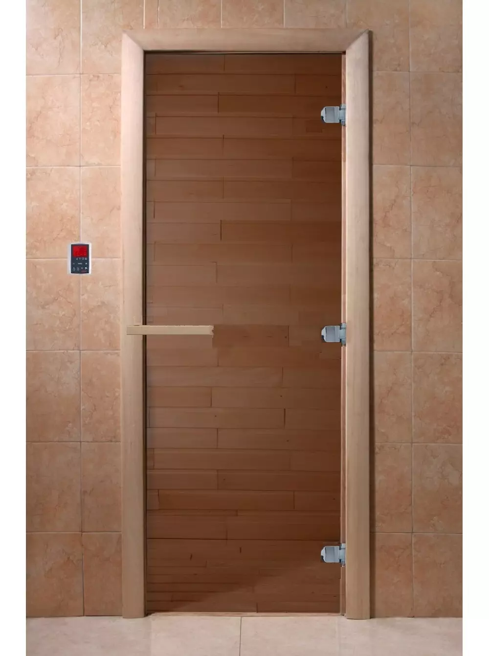 Дверь для сауны DoorWood Теплый день 1900х700, (8 мм). (бронза, коробка листв.)