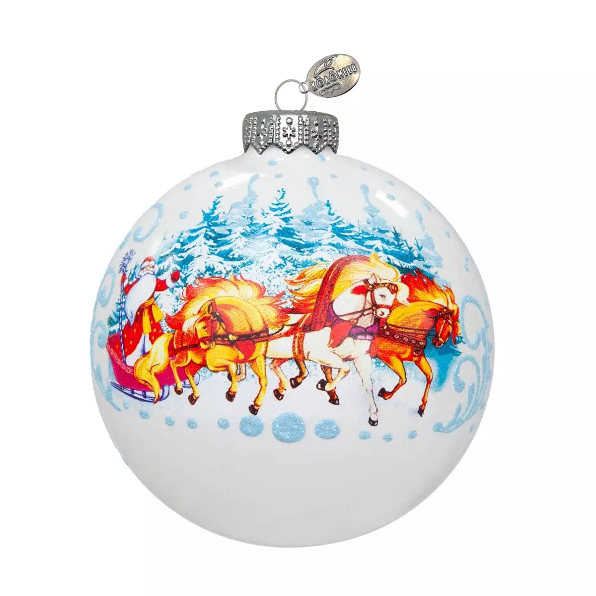 Елочный шар стекло Дед Мороз и тройка 8 см Коломеев КУ-80-214126