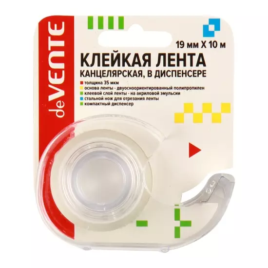 Клейкая лента канцелярская 19 мм x 10 м, прозрачная в диспенсере, 35 мкм, deVENTE 4162108