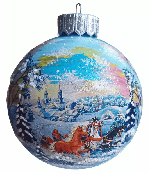 Елочный шар стекло Тройка запряженная 10 см Коломеев КУ-100-254043
