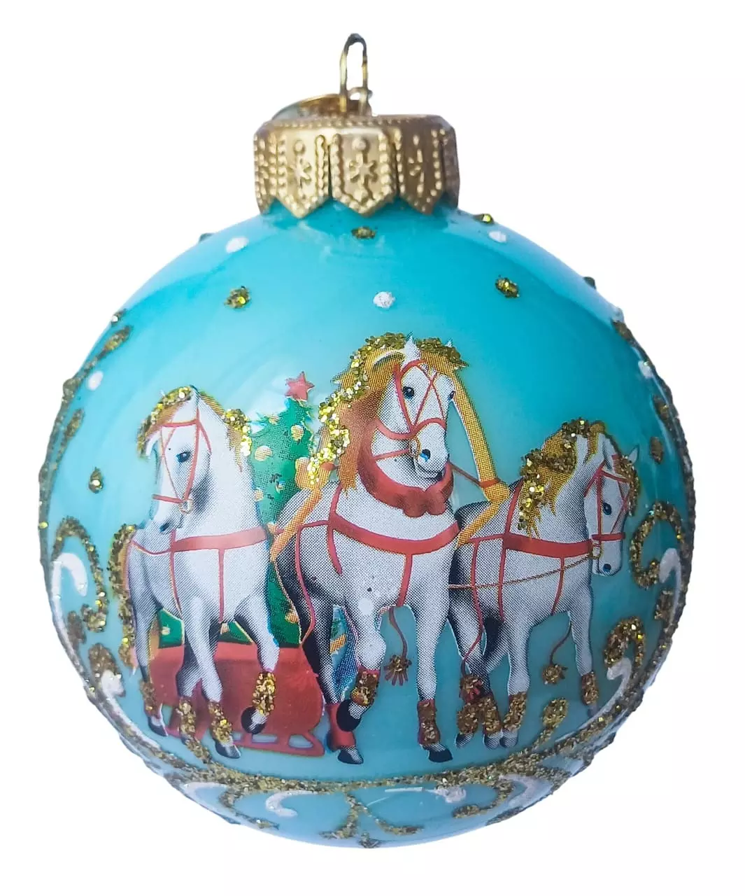 Елочный шар стекло Тройка лошадей 8 см Коломеев КУ-80-254020