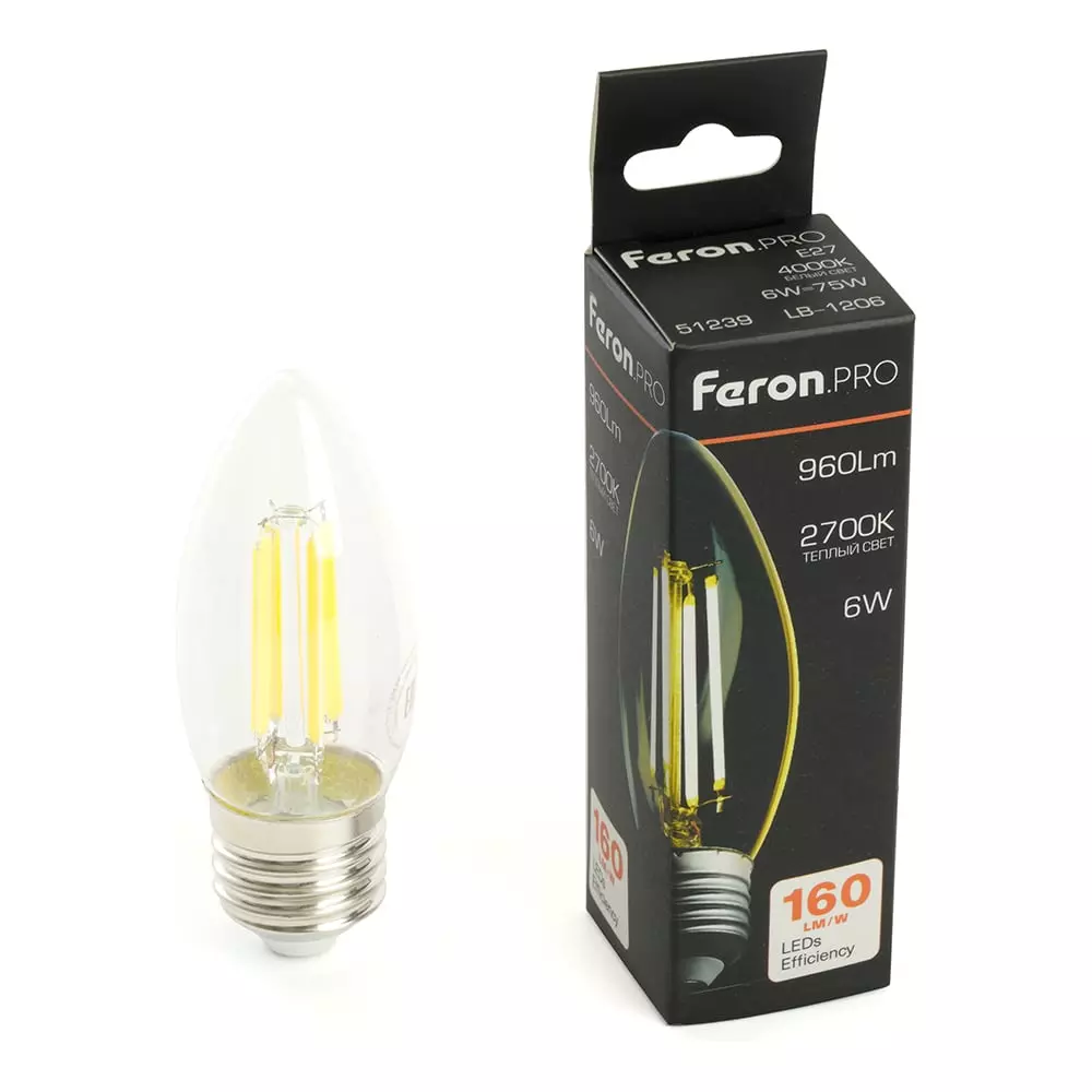 Светодиодная лампа Е27 220В 6Вт 2700К свеча филаментная теплый FERON PRO 51238