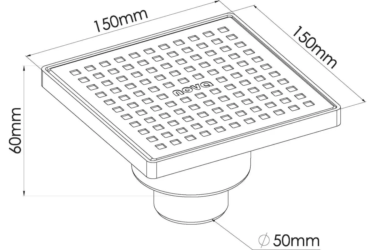Душевой трап вертикальный 150х150 мм d50 мм решетка нерж. сталь Nova 5036