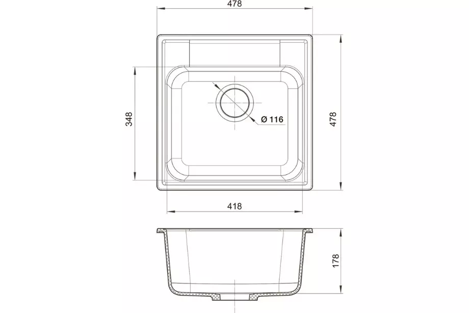 Кварцевая мойка для кухни 48х48х20 см Reflexion Etude RF0353GR серый, квадратная