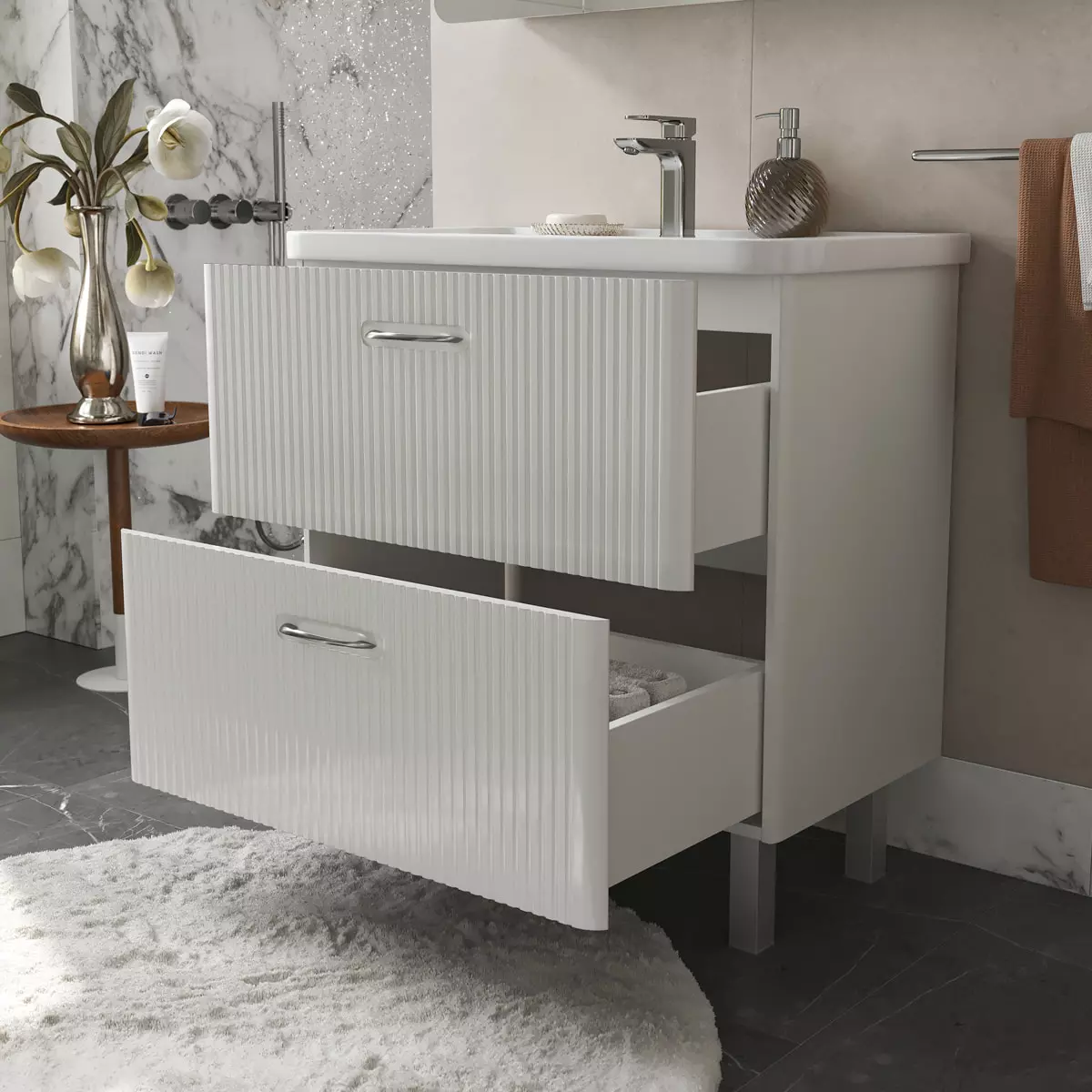 Тумба с раковиной напольная 80 см VOLNA Свон/Swan Т8 бланж + рак. Свон/Swan 80 tnSWAN80.2Y-43